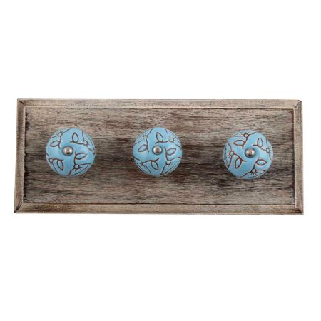 Turquoise Calla Lily Brown Etched Ceramic Wooden Hooks